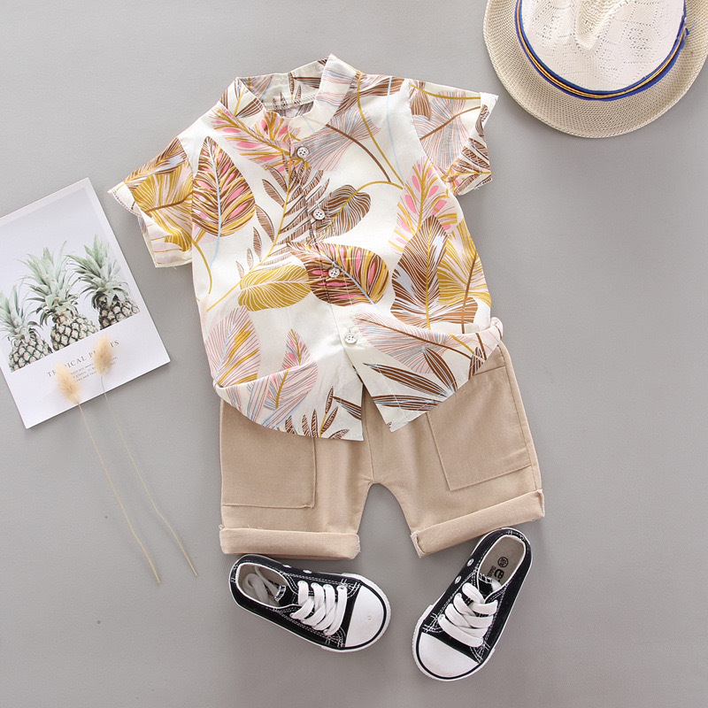 Summer short-sleeved boy shirt suit Korean style lapel shirt leaf pattern children's clothing