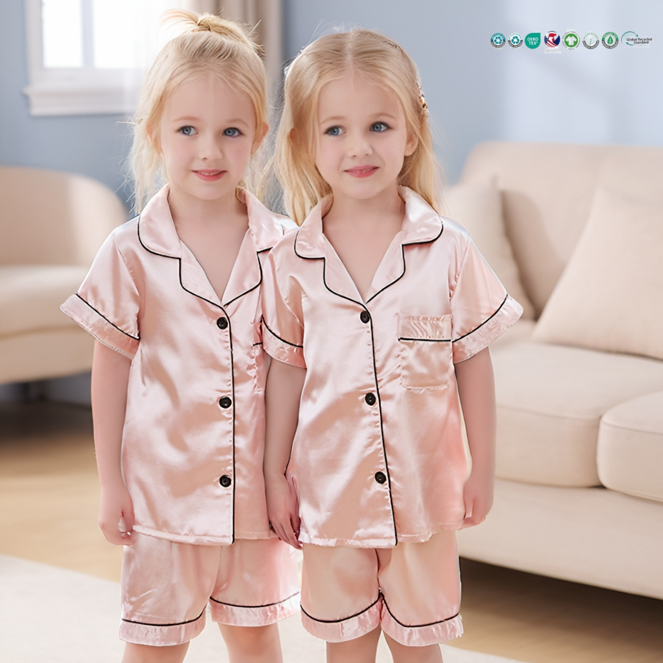 wholesale children clothes set kids summer short sleeve sleepwear satin silk girls pajamas