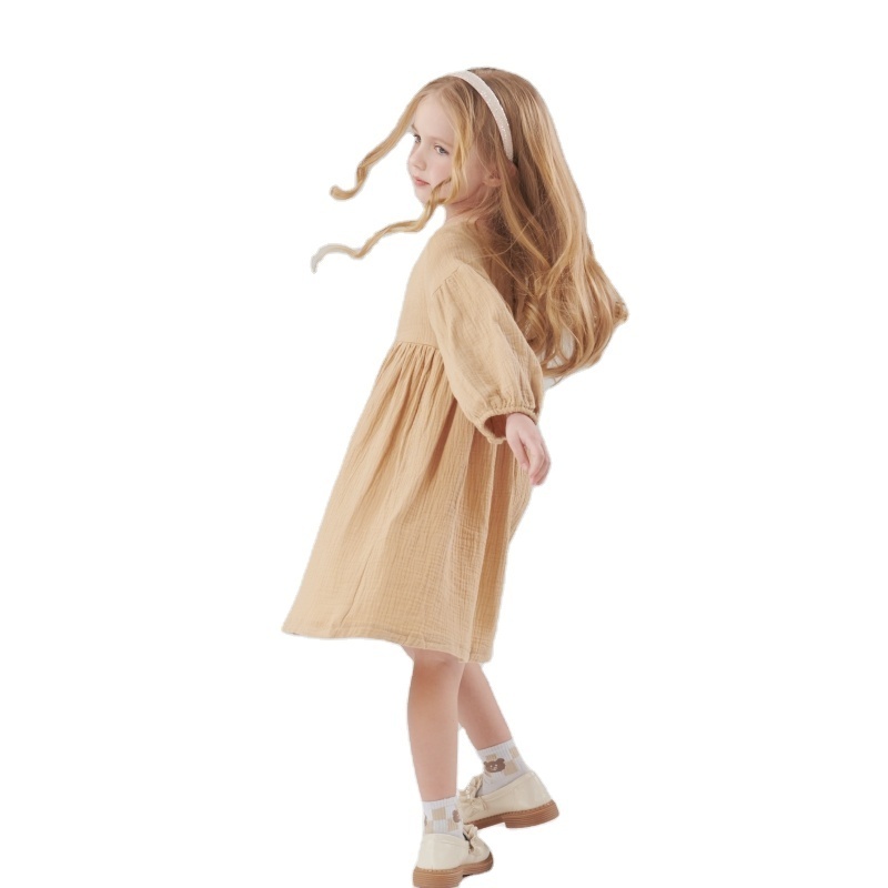 Kids Clothing Wholesale Girls Clothes Fashion Pure Cotton A-Line Linen Dress Long Sleeve Girl Dresses