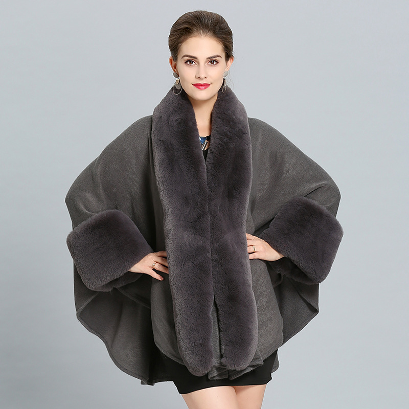 2022 New Design Winter Women Jacquard Wraps Stole Knitted Oversized Faux Fur Collar Poncho Cape Shawl