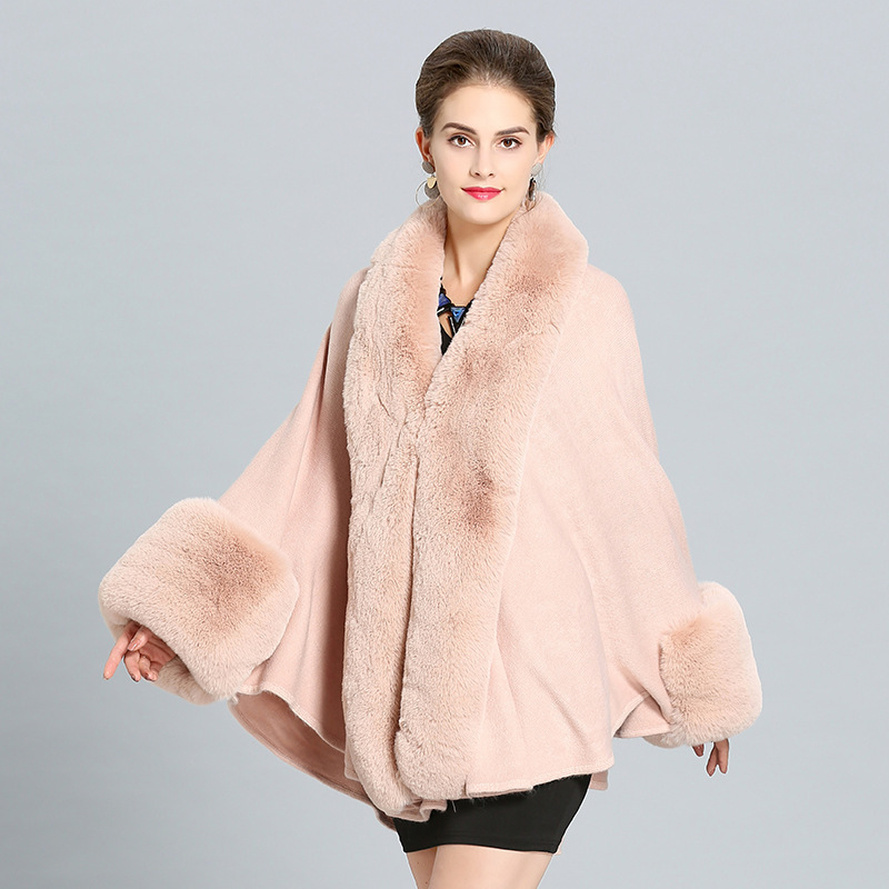 2022 New Design Winter Women Jacquard Wraps Stole Knitted Oversized Faux Fur Collar Poncho Cape Shawl