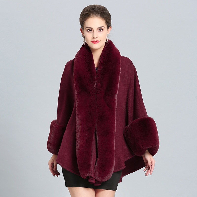 2022 New Design Winter Women Jacquard Wraps Stole Knitted Oversized Faux Fur Collar Poncho Cape Shawl