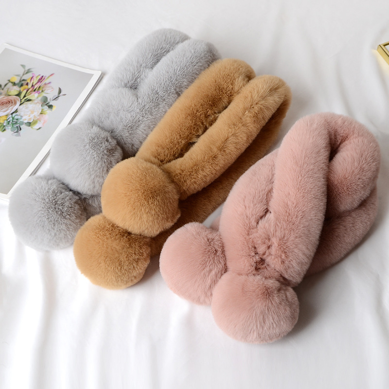 Autumn New Rabbit Fur Thickened Cute Warmth All-match Cross Plush Scarf For Women Winter