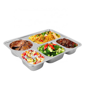 Stainless Steel Tray 5 Compartment Fast Food Tray School Rectangular Tray Dinner Plates