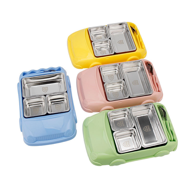 Cartoon Car Shape Baby Feeding Bowl Baby Plate Stainless Steel Lunch Box For Kids Children Dish With Fork and Spoon