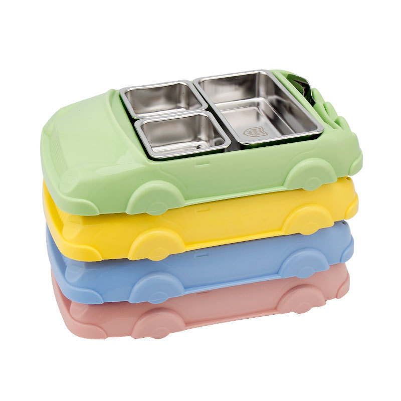 Cartoon Car Shape Baby Feeding Bowl Baby Plate Stainless Steel Lunch Box For Kids Children Dish With Fork and Spoon