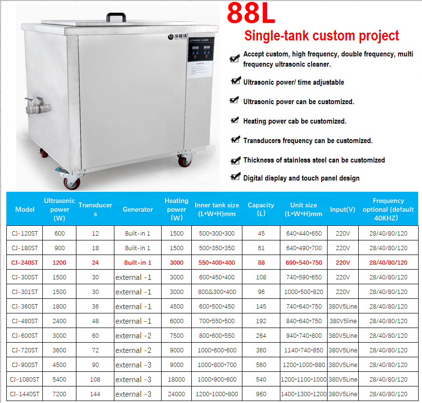 Industrial ultrasonic cleaner 40L 45L 50l 61L 88L 108L 135L 192L 264L 360L 560L 540L 960 Optional  and OEM acceptable.