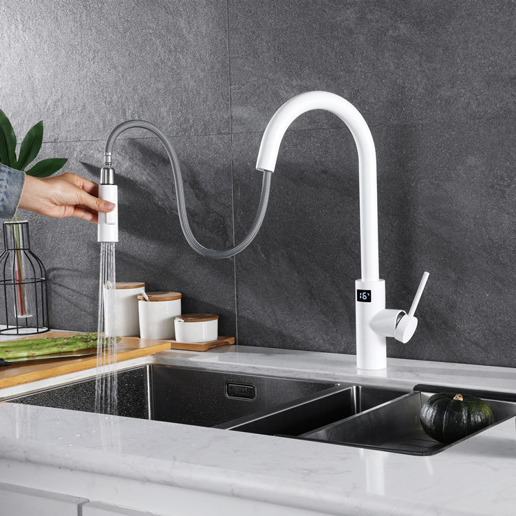 White Digital Kitchen Faucet LED Screen Hot Cold Touch Kitchen Mixer Tap Smart Pull Out Sensor Touch Digital Kitchen Faucets