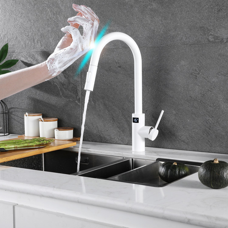 White Digital Kitchen Faucet LED Screen Hot Cold Touch Kitchen Mixer Tap Smart Pull Out Sensor Touch Digital Kitchen Faucets