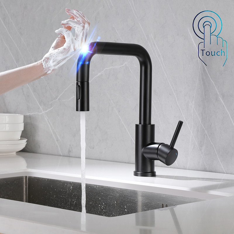 Touch On Kitchen Faucets SDSN Black Pull Out Water Mixer Tap Smart Touch Control Kitchen Faucet Pull Down Sensor Kitchen Faucets