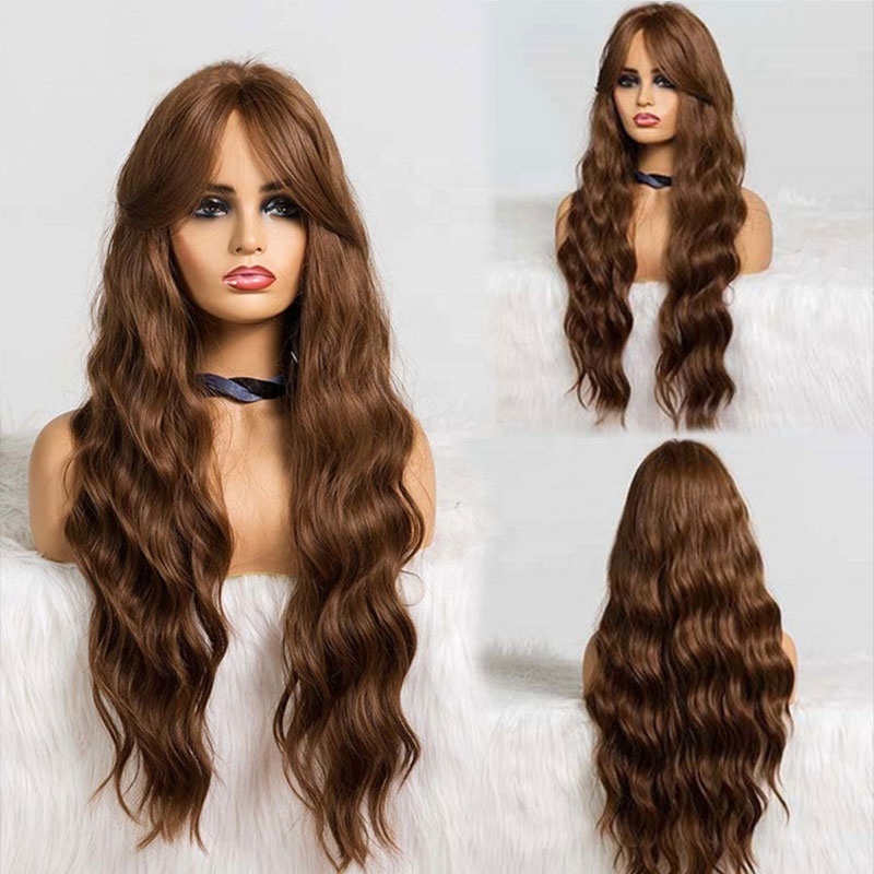 Wholesale Ombre Brown 613 bob Wig with Bangs Synthetic Hair Wigs for Women Natural Wavy Long Heat Resistant Synthetic Wigs