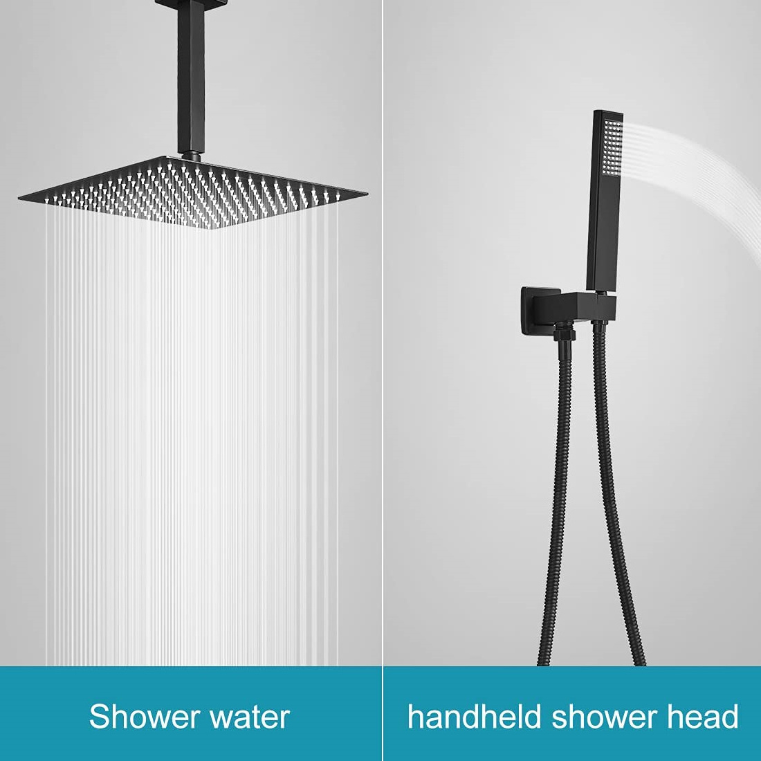 Ceiling Mount Shower System Bathroom Luxury Rain Mixer Shower Set Rainfall Shower Head with Handheld Contemporary Square Black