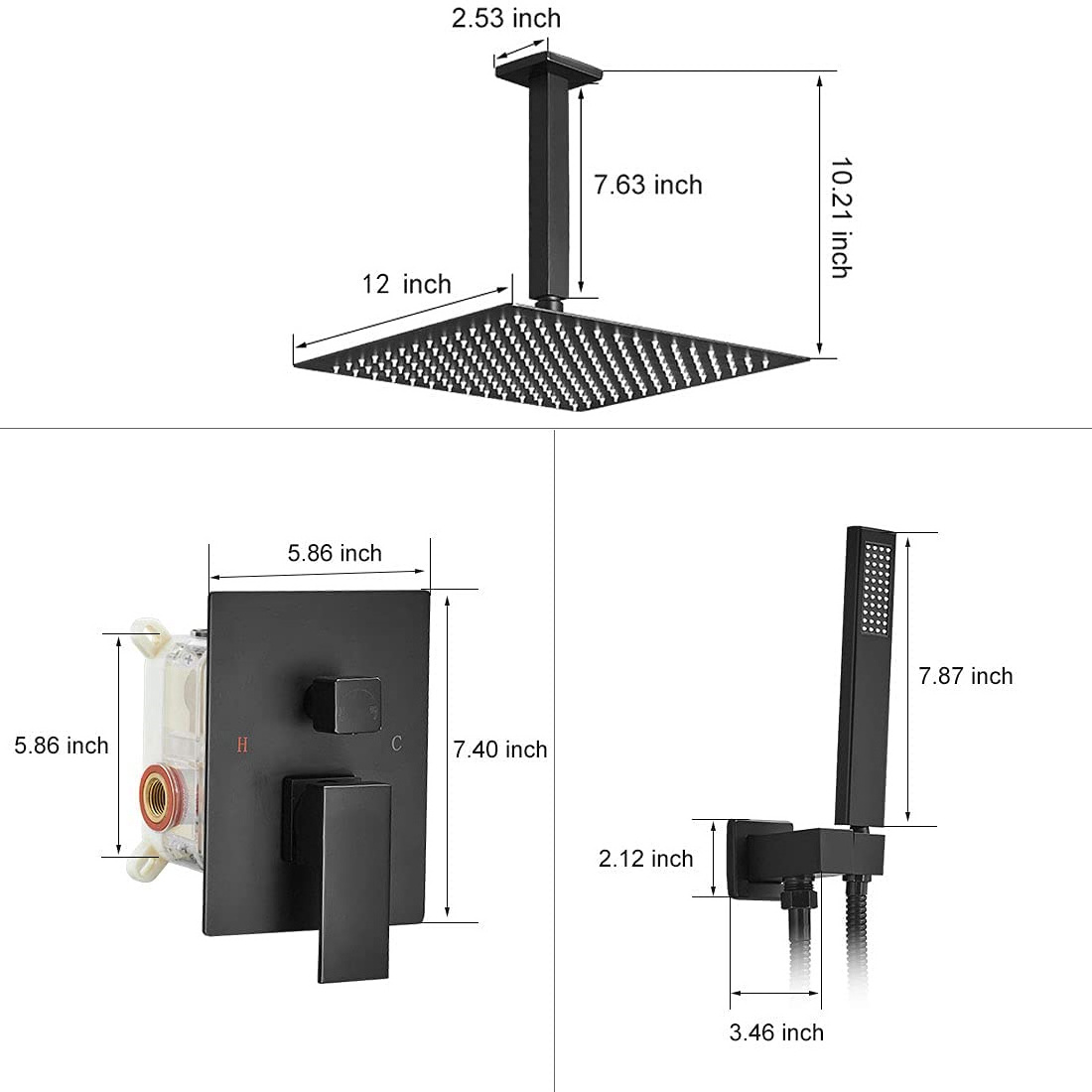 Ceiling Mount Shower System Bathroom Luxury Rain Mixer Shower Set Rainfall Shower Head with Handheld Contemporary Square Black