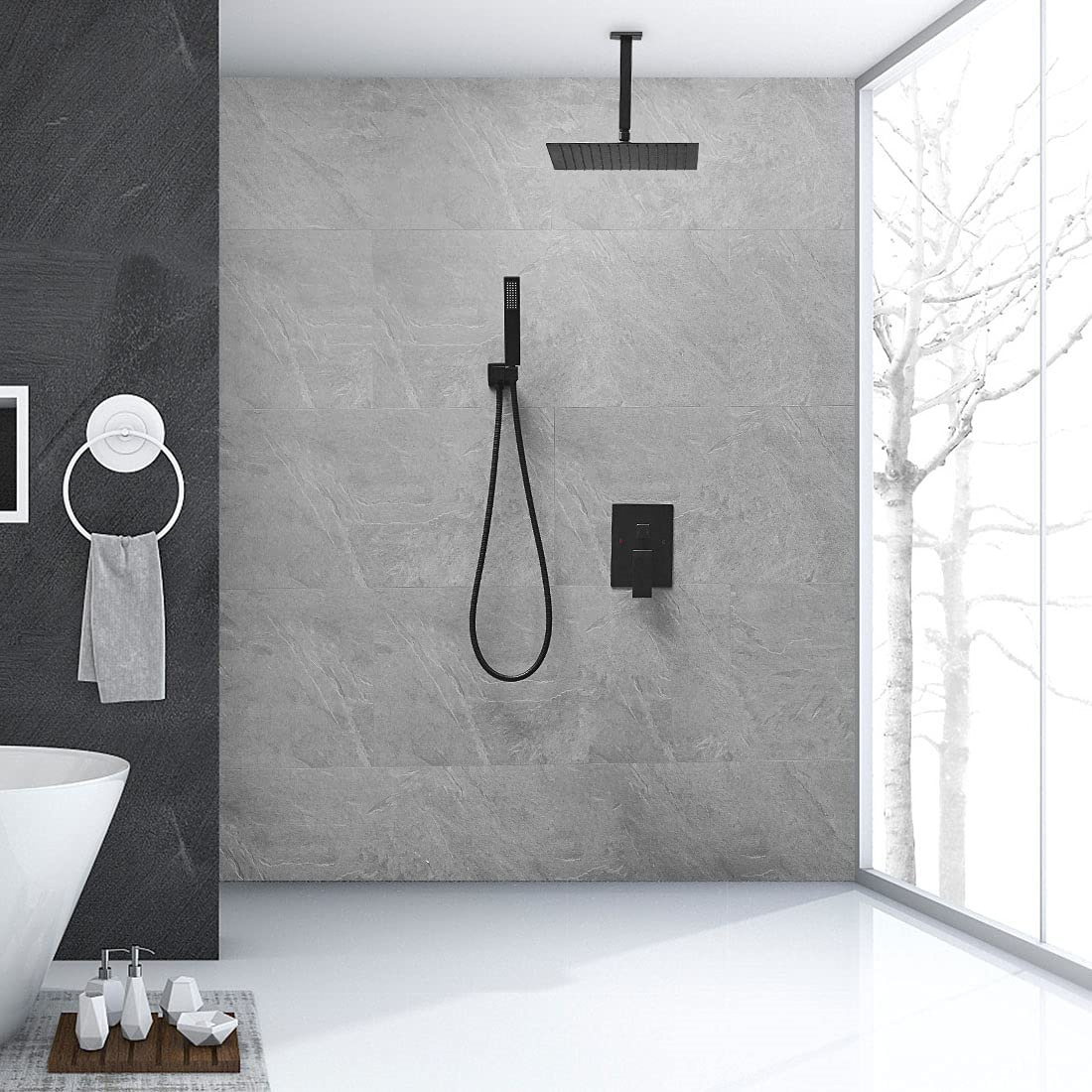 Ceiling Mount Shower System Bathroom Luxury Rain Mixer Shower Set Rainfall Shower Head with Handheld Contemporary Square Black