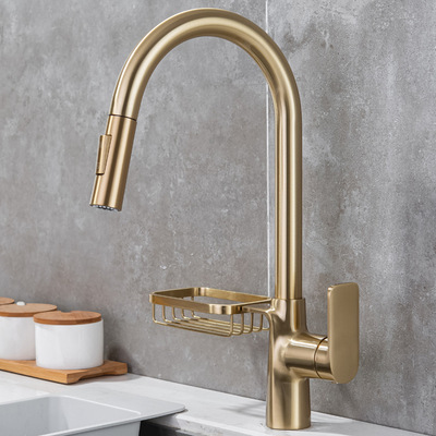 Brushed gold Pull down kitchen faucet with basket rotatable hot and cold copper sink faucet Kitchen mixer Kitchen taps