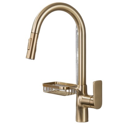 Brushed gold Pull down kitchen faucet with basket rotatable hot and cold copper sink faucet Kitchen mixer Kitchen taps