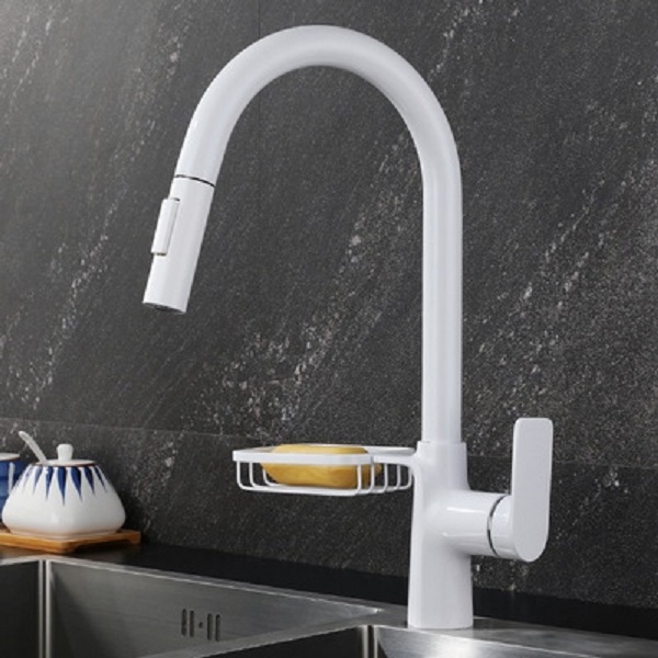 White Pull down kitchen faucet with basket rotatable hot and cold copper sink faucet Kitchen mixer Kitchen taps