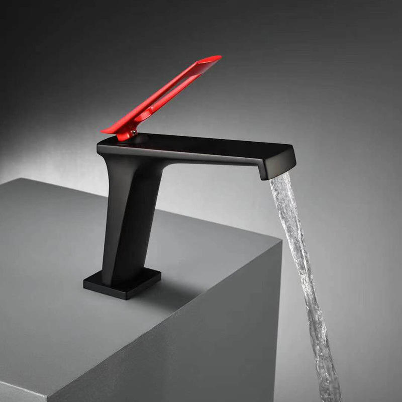 Black Single Level Bathroom Wash Basin Faucet Basin Mixer Water Taps Red Handle Basin Faucet Lavatory Faucet