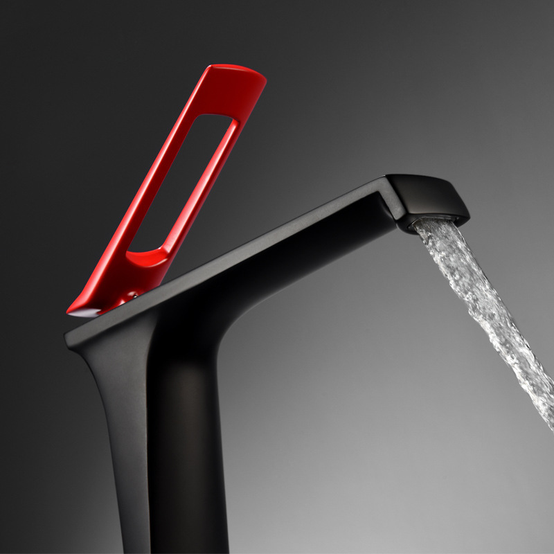 Black Single Level Bathroom Wash Basin Faucet Basin Mixer Water Taps Red Handle Basin Faucet Lavatory Faucet