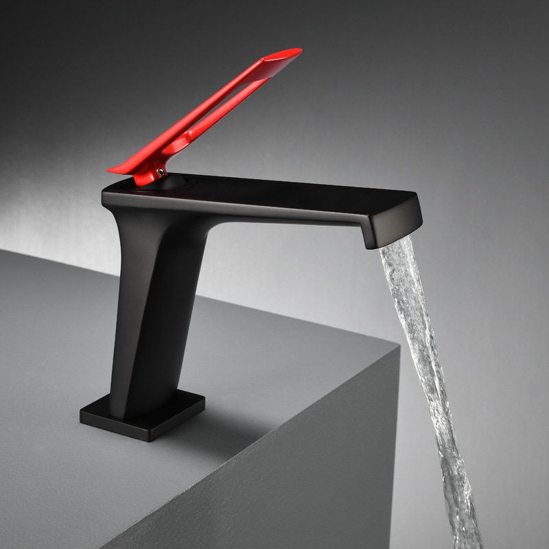 Black Single Level Bathroom Wash Basin Faucet Basin Mixer Water Taps Red Handle Basin Faucet Lavatory Faucet