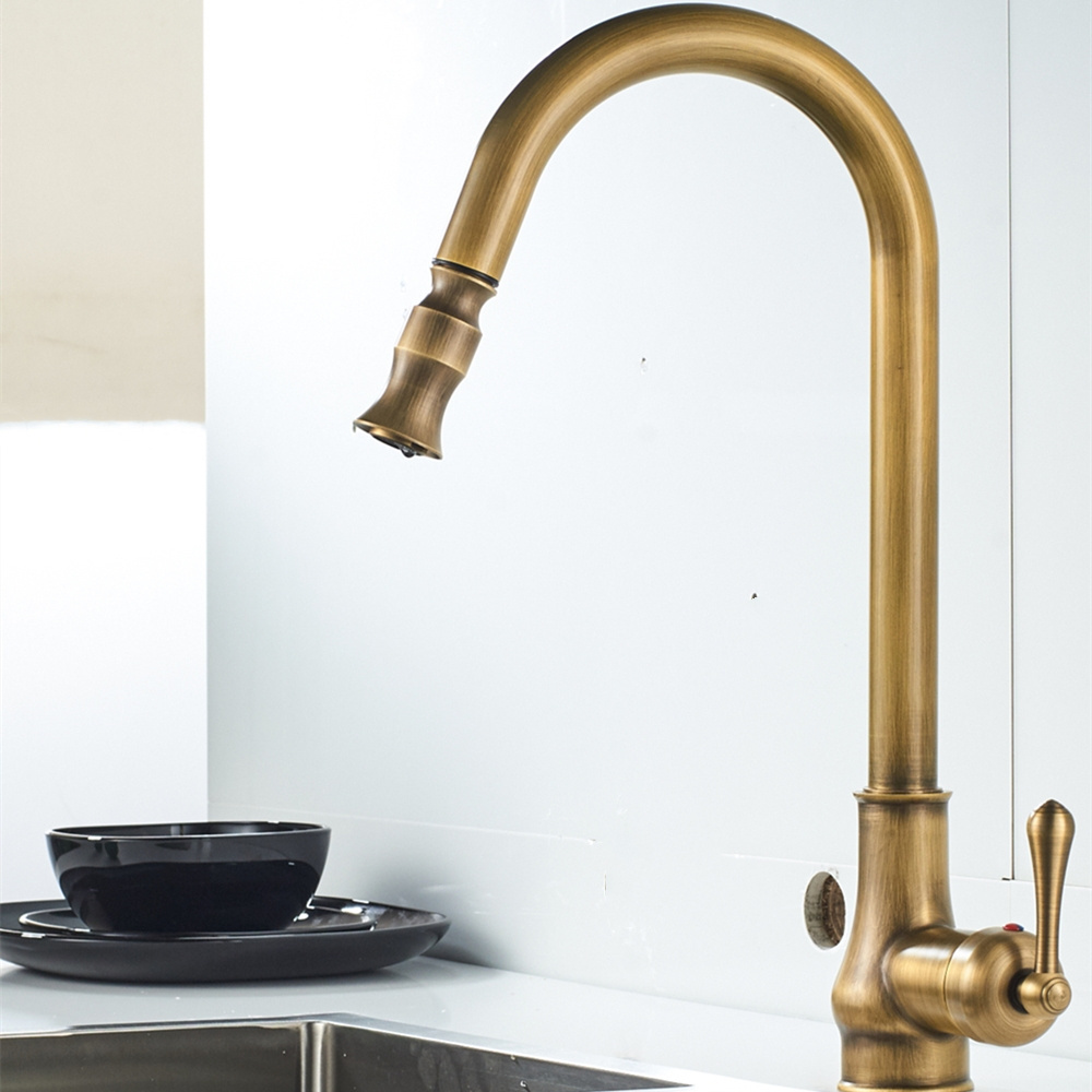 Europe Antique Brass Mixer tap Pull Out Hot and Cold Water Tap 360 Degree Pull Down Kitchen Faucets Single lever Kitchen Faucet lavatory faucet