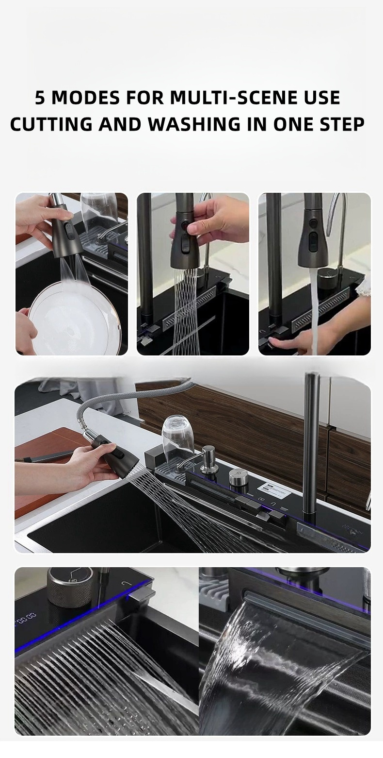 Piano digital display LED Kitchen faucet with handmade sink with tap multifunction kitchen faucet SUS304 kitchen sink set