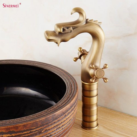 Tall Body Dragon Shaped Bathroom faucet Antique Basin Faucet Dual Handle lavatory faucet