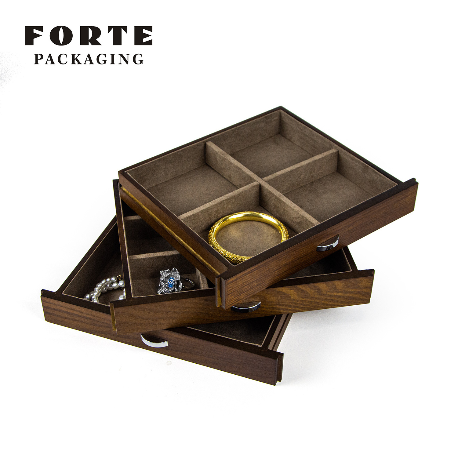 FORTE delicate and practical full-open oversized capacity 4 layers necklace bracelet wooden jewelry storage box