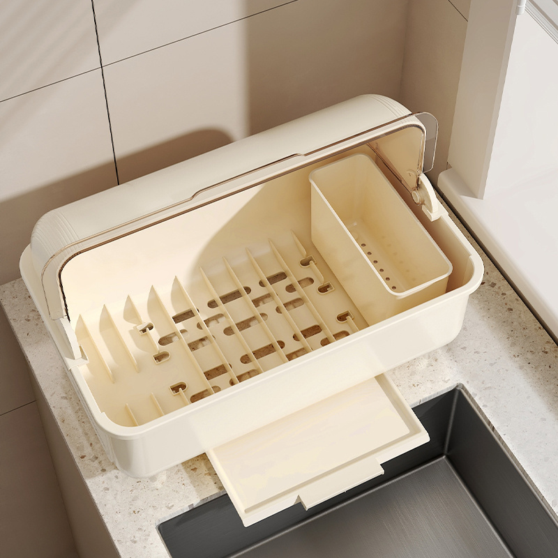 Plastic Storage Dish Drain Drying Rack Drainer Kitchen With Cover