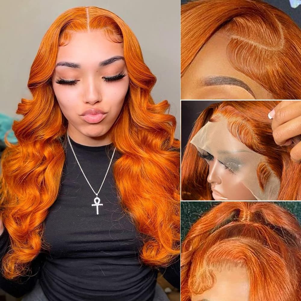 180% Density Body Wave Virgin Human Hair Colored Lace Frontal Wig, 350 Ginger Orange Color Wigs Human Hair Lace Front