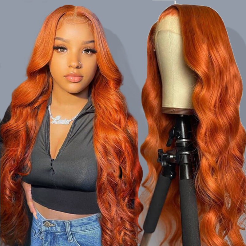 180% Density Body Wave Virgin Human Hair Colored Lace Frontal Wig, 350 Ginger Orange Color Wigs Human Hair Lace Front