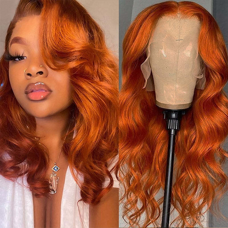 180% Density Body Wave Virgin Human Hair Colored Lace Frontal Wig, 350 Ginger Orange Color Wigs Human Hair Lace Front