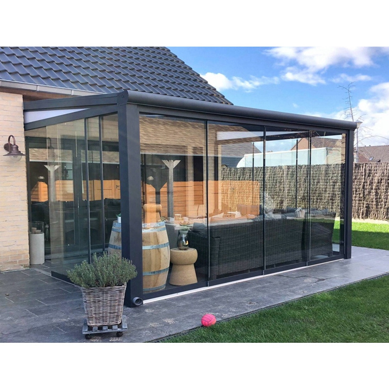 Customized greenhouse aluminum frame sliding glass veranda sunroom with retractable awning roof