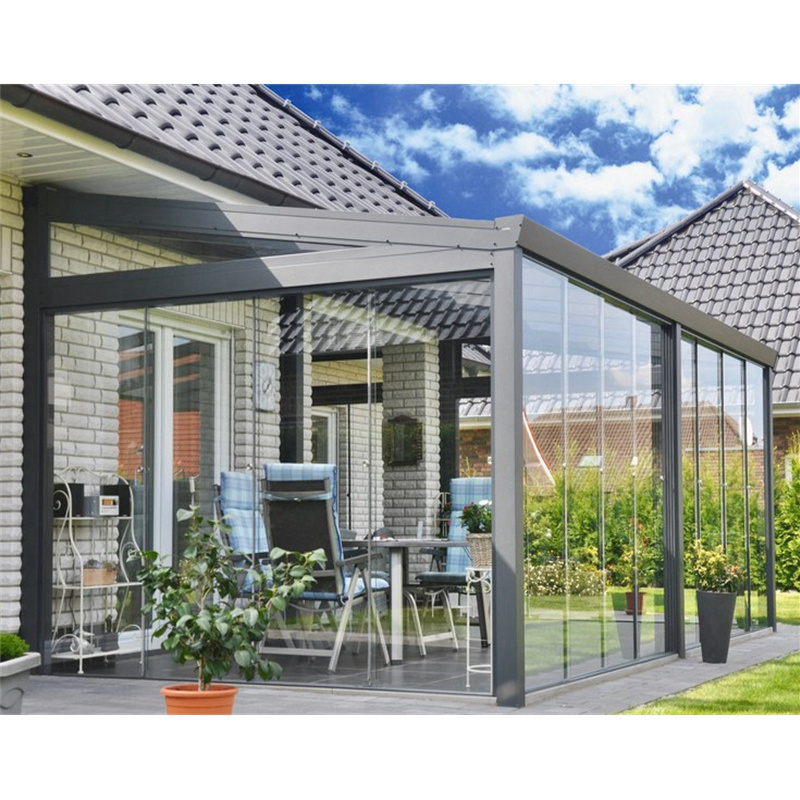 Customized greenhouse aluminum frame sliding glass veranda sunroom with retractable awning roof