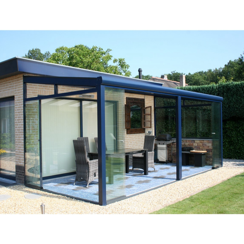 Customized greenhouse aluminum frame sliding glass veranda sunroom with retractable awning roof