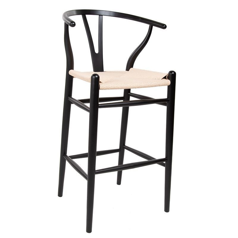 European Hot Selling Natural Wood Counter Stool Hand Woven Twine Cushion Black Bar Chairs For Kitchen Counter