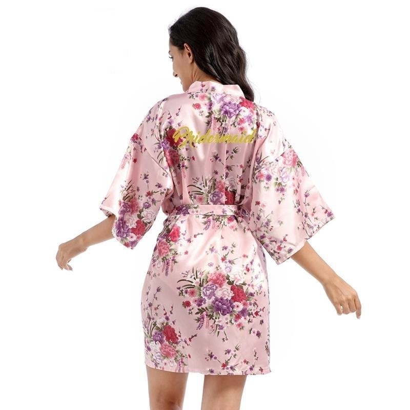 Floral Satin Kimono Short Style Bridesmaid Robe for Women