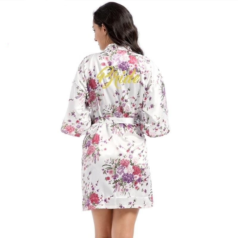 Floral Satin Kimono Short Style Bridesmaid Robe for Women