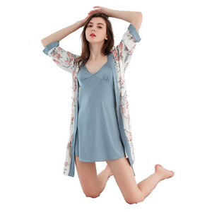 Wholesale Long Sleeve Printed 2pcs Silk Satin Nightgown and Robe Women