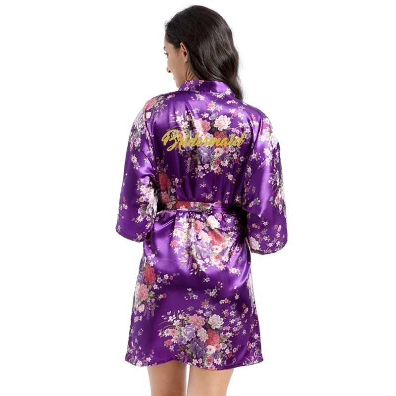 Floral Satin Kimono Short Style Bridesmaid Robe for Women