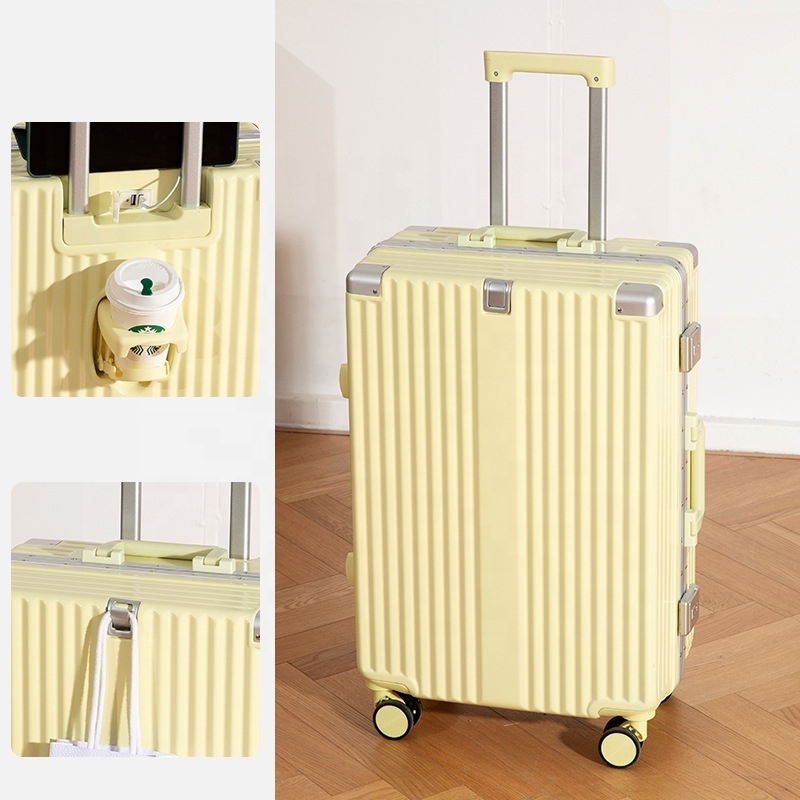 Custom Logo Aluminum Frame Smart Suitcase with USB Port Metal Buckle Candy Color Bags ABS PVC Travel luggage with Cup Holder