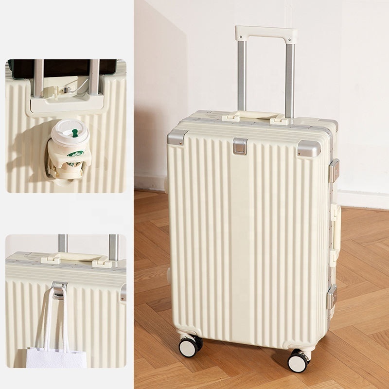 Custom Logo Aluminum Frame Smart Suitcase with USB Port Metal Buckle Candy Color Bags ABS PVC Travel luggage with Cup Holder