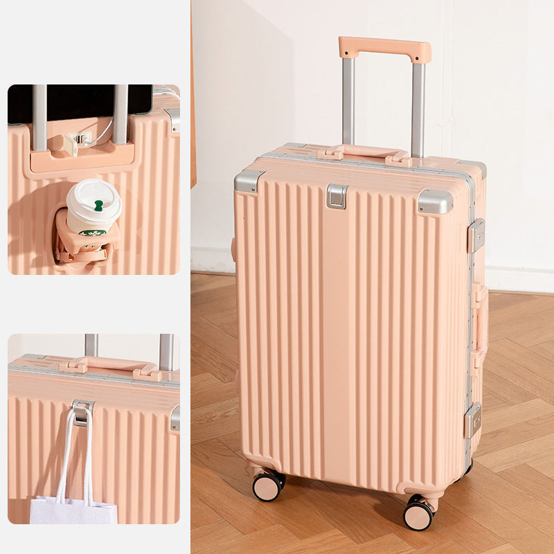 Custom Logo Aluminum Frame Smart Suitcase with USB Port Metal Buckle Candy Color Bags ABS PVC Travel luggage with Cup Holder