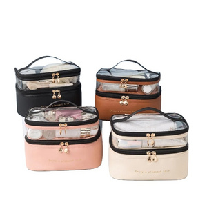 Makeup Bag Leather Double Layer Large Cosmetic Bags Travel Accessories Dorm Room Essentials Toiletry Bag for Women