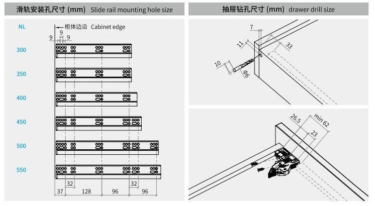 Junabao basket drawers channel push to open hidden synchronous rails concealed drawer slide