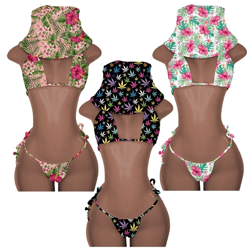 Women Tribal Bathing Suits for Women Padded Hollow Out African Print 3 Pieces Bikini Swimsuit Swimwear Hat