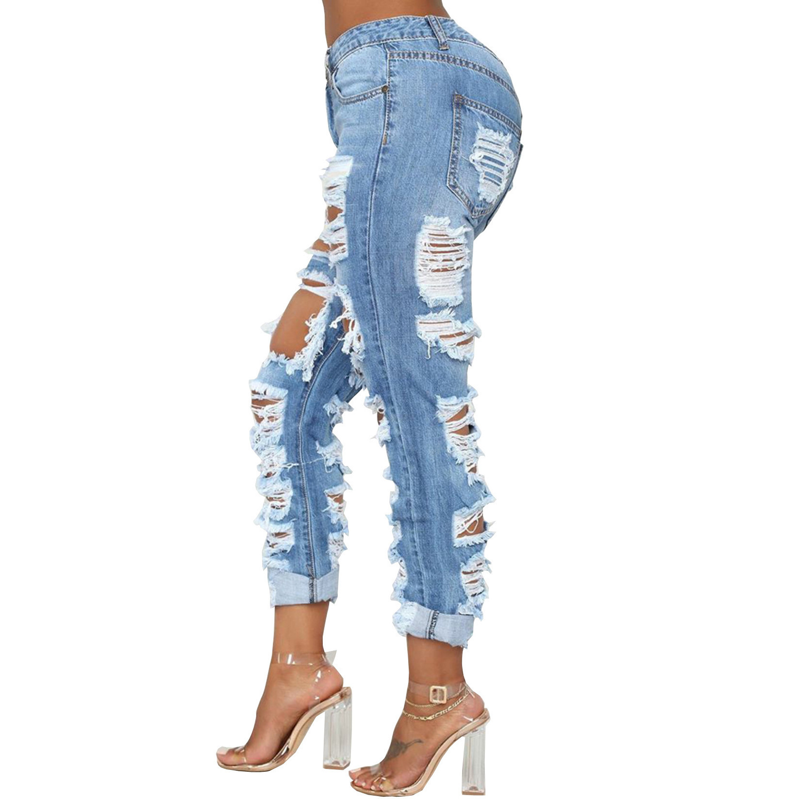 Women Plus Size Jeans Slim Denim Pants Ladies Distressed Skinny Jean Pants Trousers Ripped Jeans Women