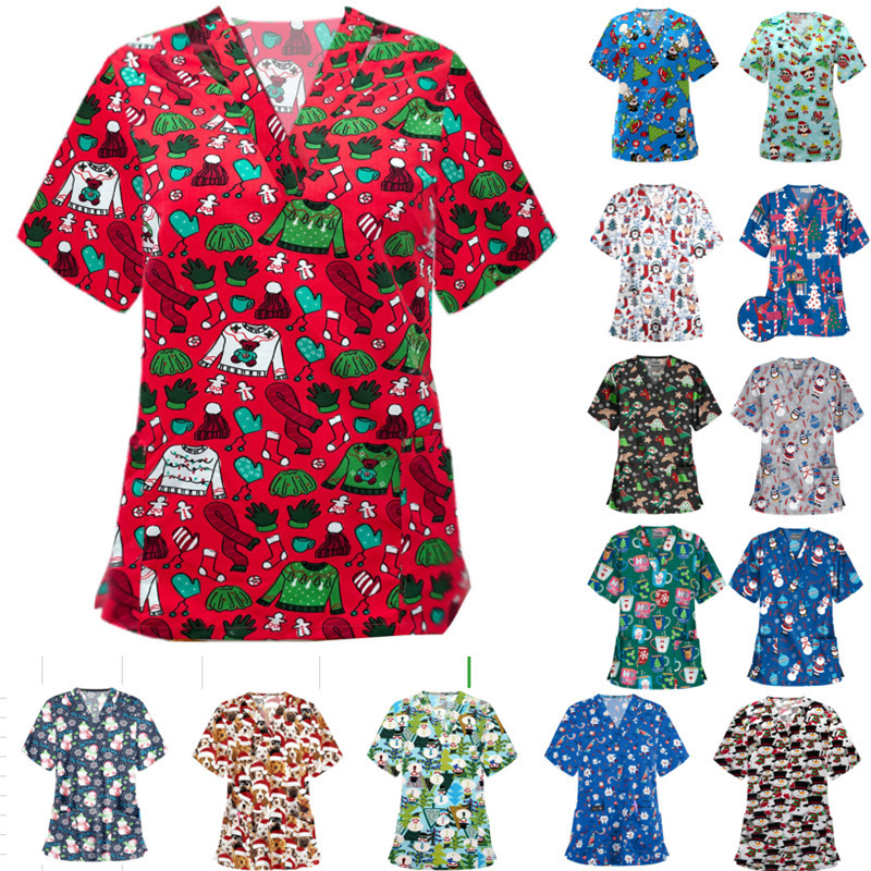 Nurse Uniforms Women's Printed Holiday Christmas Tops Spandex Stretch Scrub