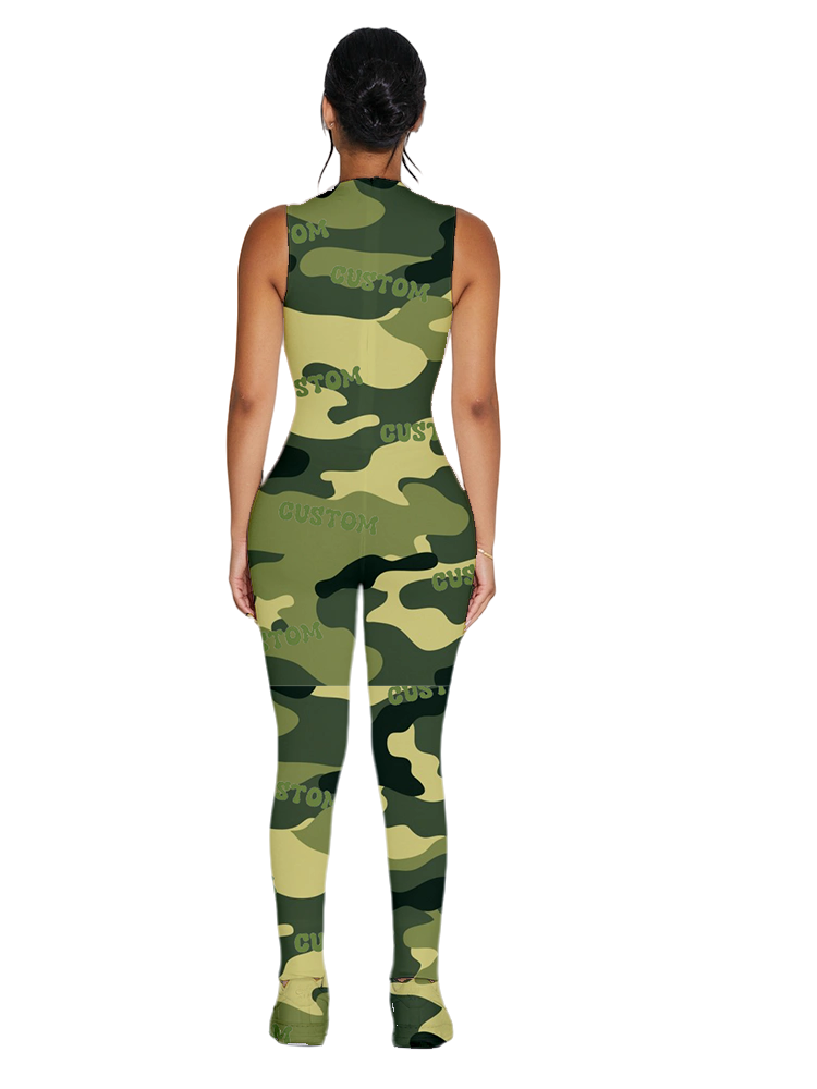 2023 Custom Camouflage Logo Fashion Women Outwork rompers Sexy  Casual Bodycon Long Sleeve  Sleeveless Jumpsuit