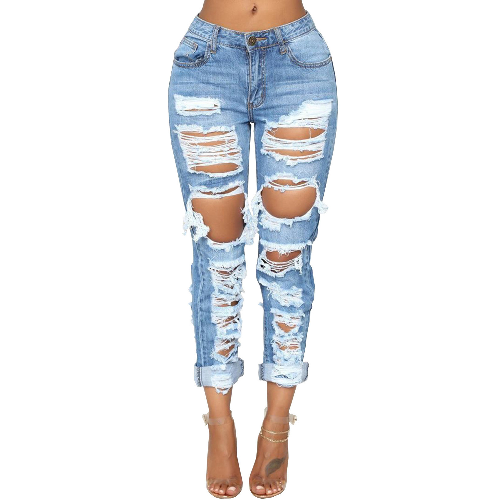 Women Plus Size Jeans Slim Denim Pants Ladies Distressed Skinny Jean Pants Trousers Ripped Jeans Women